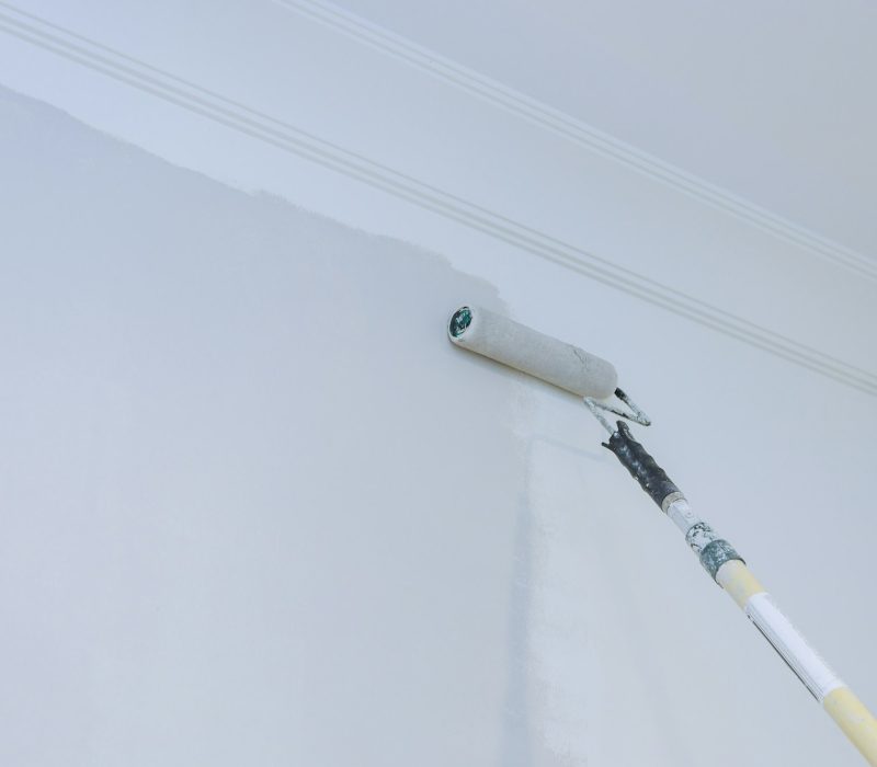 View of painter man painting the wall, with paint roller on empty space